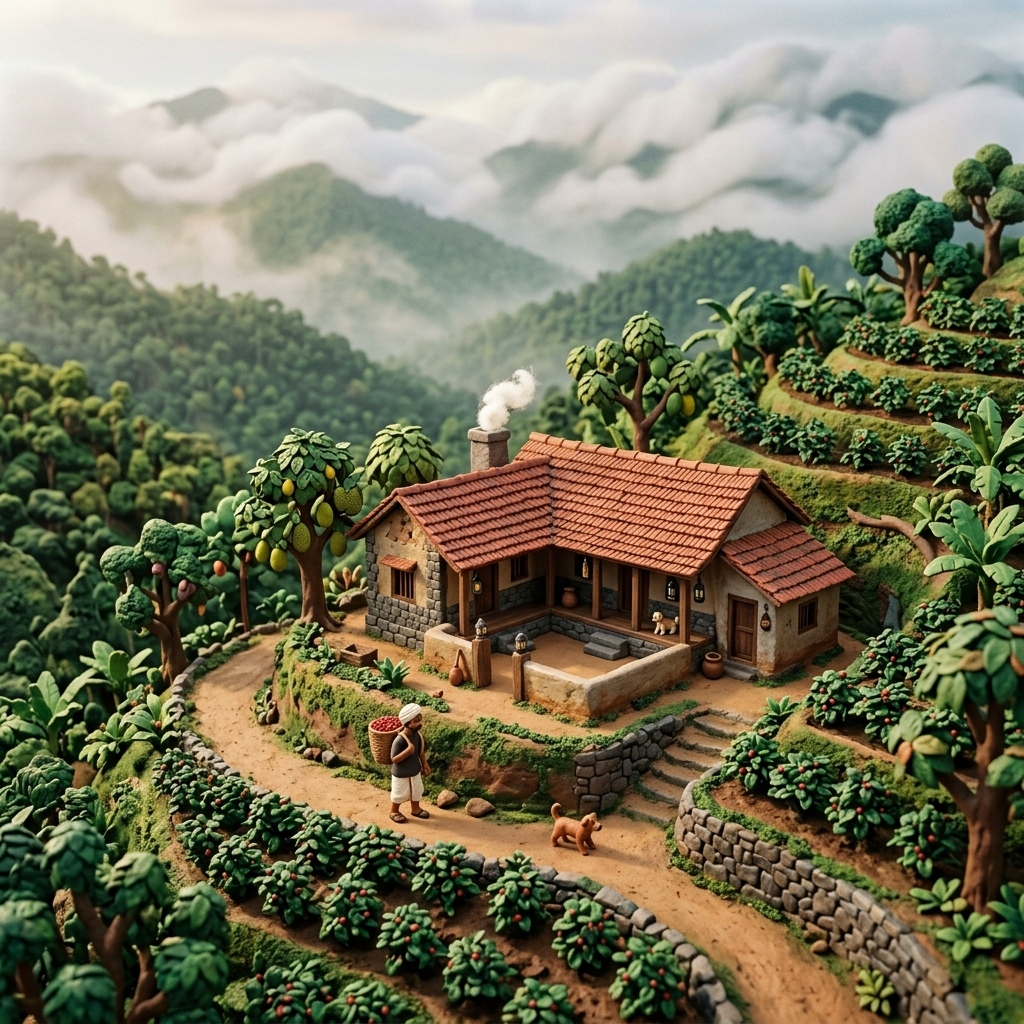 Highland estate house in Coorg nestled amongst terraced coffee hills and misty forest canopy.