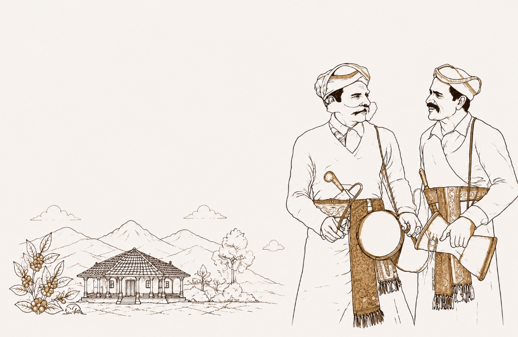 Kodava heritage illustration with traditional attire, Ainmane, and coffee branches.