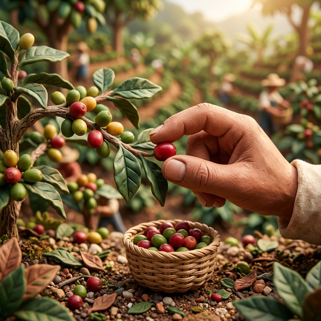 Hand picked ripe coffee cherries