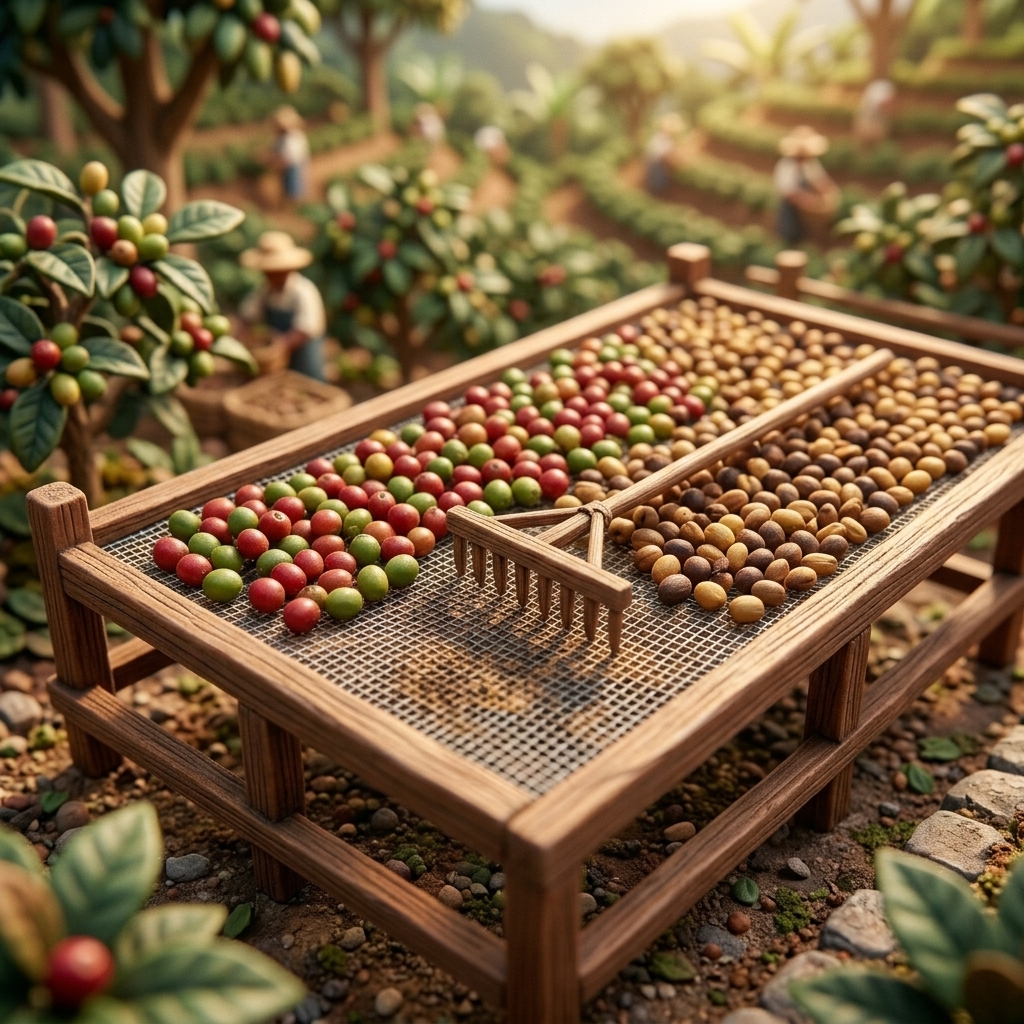 Sun-dried coffee on raised beds