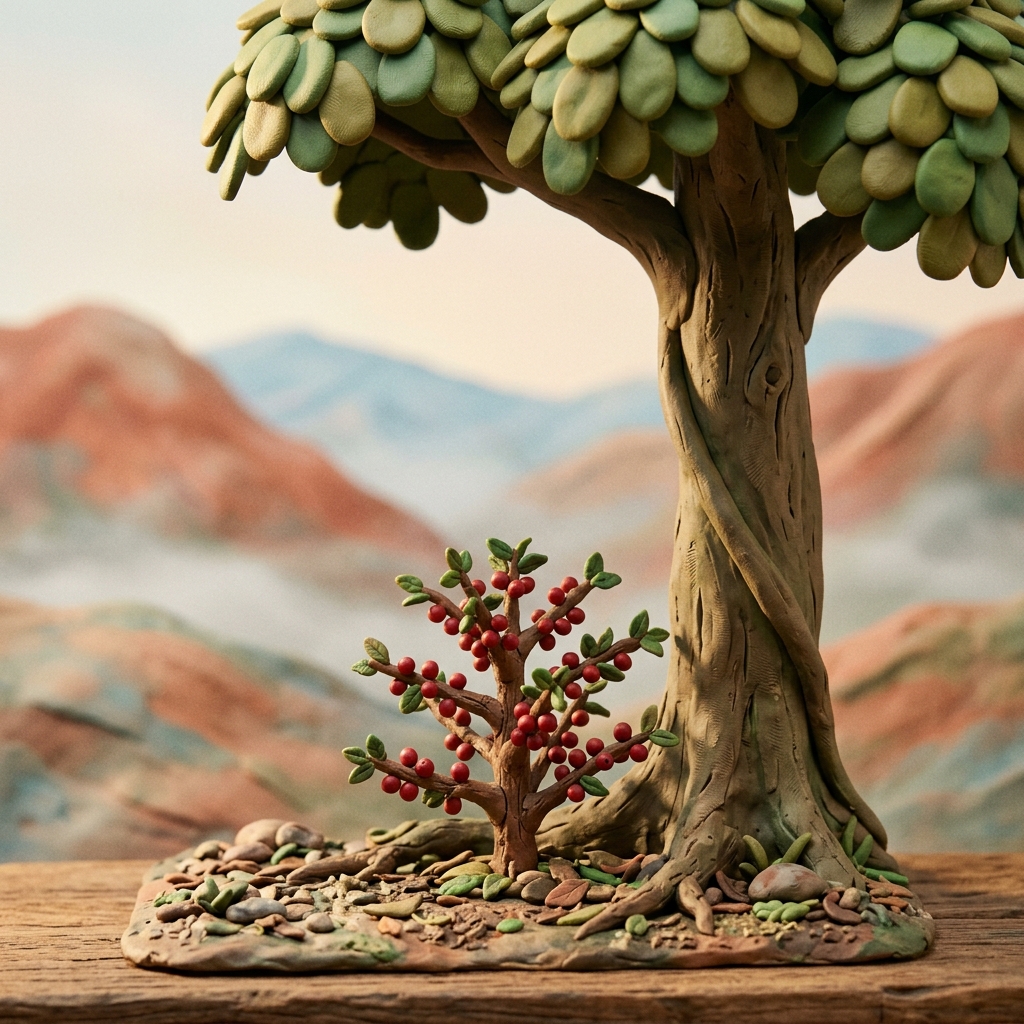 Claymation scene of a wild coffee shrub growing beneath a tall clay rainforest tree.