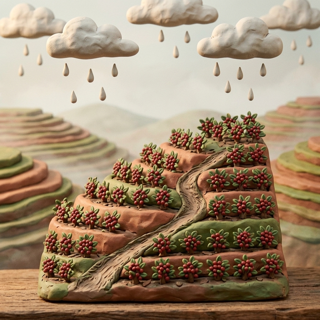 Claymation terraced hillside with rows of coffee shrubs under puffy clay rainclouds.