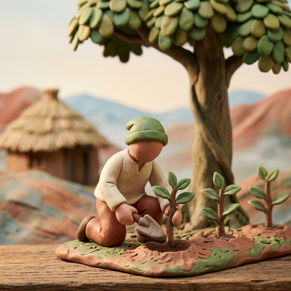 Claymation figure planting coffee saplings with a tiny hand tool.