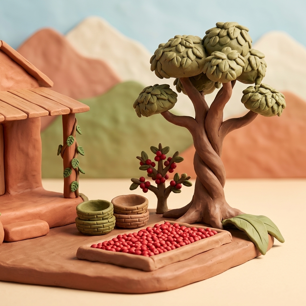 Claymation homestead scene with coffee cherries drying on raised beds.