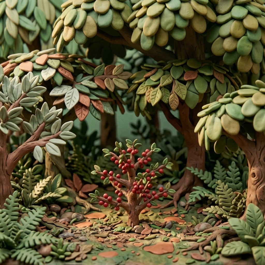 Claymation coffee bush growing beneath a layered canopy of tall shade trees.