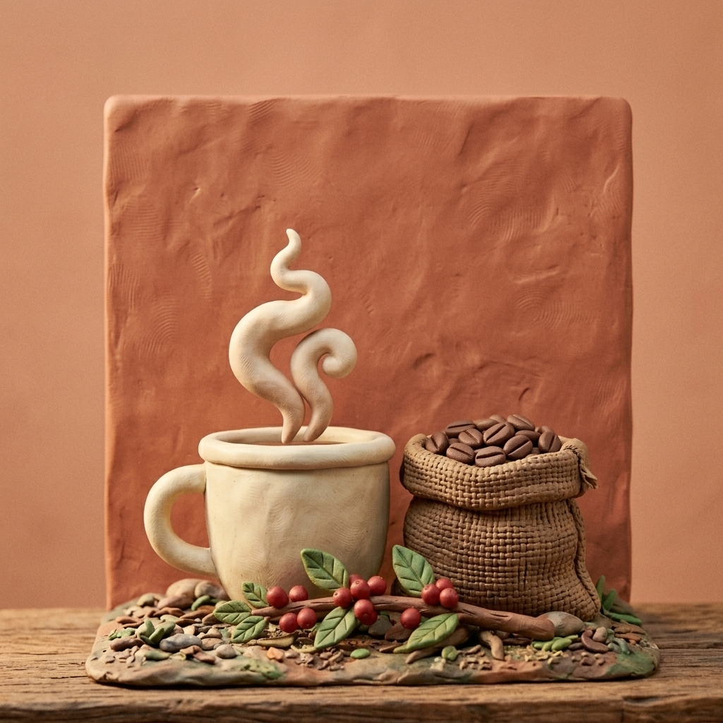 Claymation still-life of coffee cup, burlap sack of beans, and cherry branch.